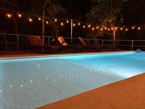 una piscina notturna con sedie e luci di Luz En El Cielo Eco-B&B/Hostel a Montezuma