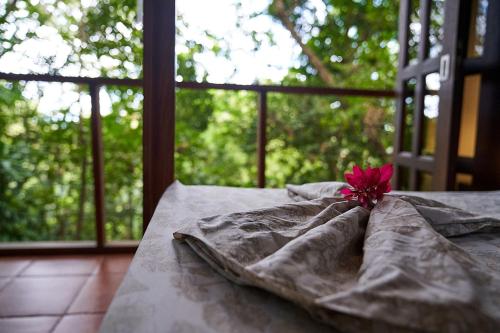 a bed with a pink flower sitting on top of it at Luz En El Cielo Eco-B&B/Hostel in Montezuma