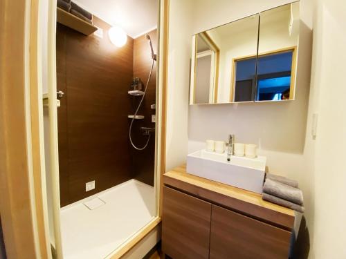 a bathroom with a sink and a shower at Q FOX GMG HOTEL in Kutchan