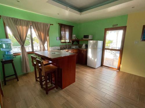 uma cozinha com paredes verdes e piso em madeira em Hidden Treasure Vacation Home Blue Bay Cottage em Caye Caulker