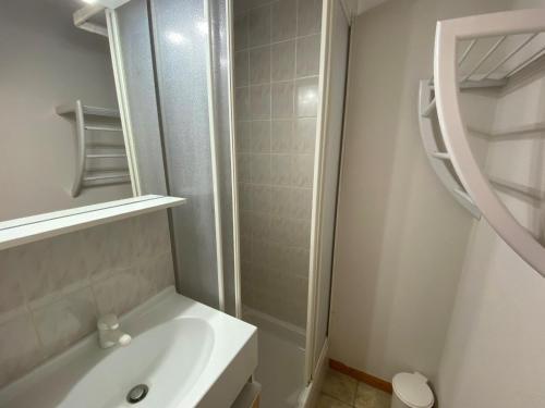 une salle de bain blanche avec un lavabo et un miroir dans l'établissement Mignon studio proche centre de Châtel avec Multi Pass à 3€/jour/personne! - FR-1-693-78, à Châtel