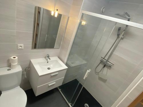 ein Badezimmer mit einem WC, einem Waschbecken und einem Spiegel in der Unterkunft Studio La Chapelle-d'Abondance, 1 pièce, 4 personnes - FR-1-692-57 in La Chapelle-dʼAbondance
