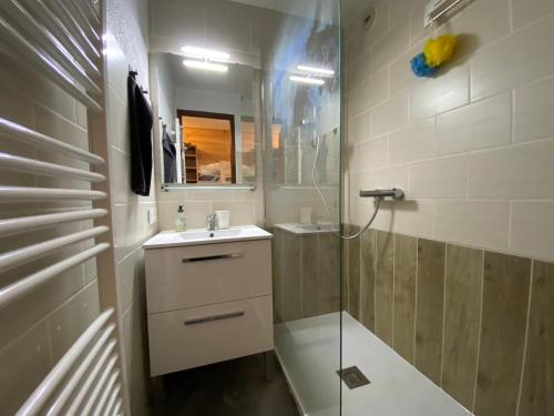 W łazience znajduje się prysznic, umywalka i toaleta. w obiekcie Appartement charmant avec parking, proximité centre et télécabine - FR-1-693-93 w mieście Châtel