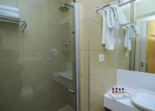 a bathroom with a shower and a toilet and a sink at Gabala Garden Hotel in Gabala