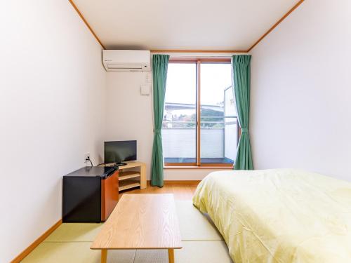 1 dormitorio con 1 cama, TV y ventana en Hirononomori Maehama Bekkan Male Only, en Hirono