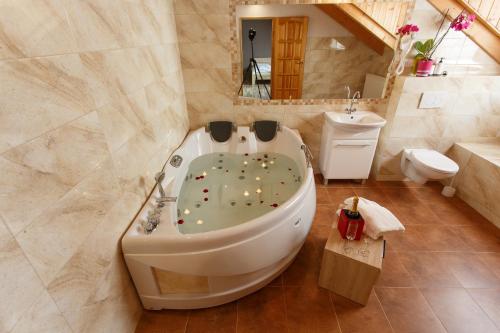 a bathroom with a tub and a toilet and a sink at Rezidence u Jezera in Jeseník