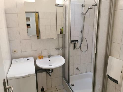 ein Bad mit einer Dusche und einem Waschbecken in der Unterkunft FeWo Friesenperle - Schillig in Horumersiel