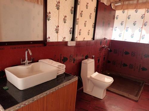 a bathroom with a sink and a toilet at Hotel Green Haveli - A Heritage and Hill View Hotel , Pushkar in Pushkar