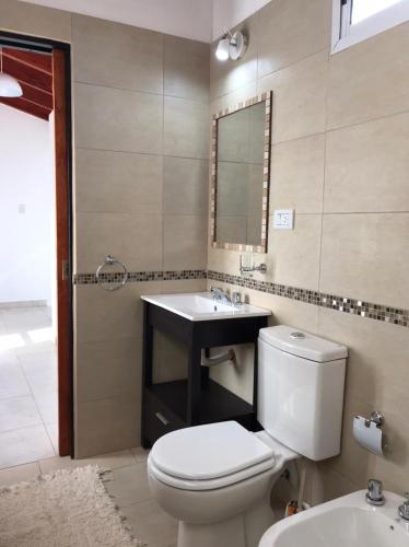 a bathroom with a toilet and a sink and a mirror at Mirador Merlo in Merlo