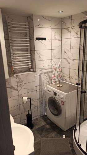 a washing machine in a bathroom next to a sink at Apartament Zdrojowy II in Głuchołazy