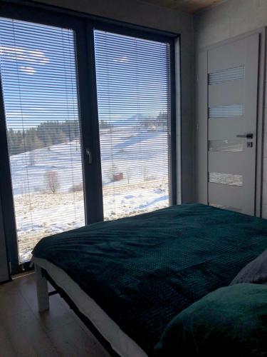 een slaapkamer met een bed en een groot raam bij Green Hill Apartment - Domek na Wyłączność in Leśnica