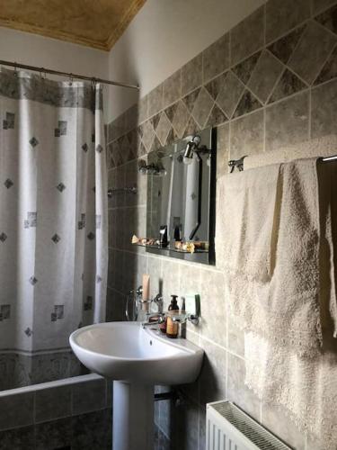 a bathroom with a sink and a shower at Παραδοσιακό Αρχοντικό με Τζάκι in Valtessiniko 