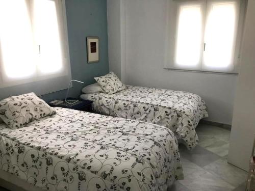 1 dormitorio con 2 camas y 2 ventanas en Chorrillo III, en Conil de la Frontera
