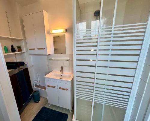 een kleine badkamer met een wastafel en een douche bij La Feuille Dorée, Hyper-Centre, 15min Rouen in Barentin
