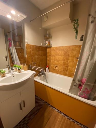 La salle de bains est pourvue d'une baignoire, d'un lavabo et d'une douche. dans l'établissement Laye station - les Arolles A - 4 personnes, à Laye