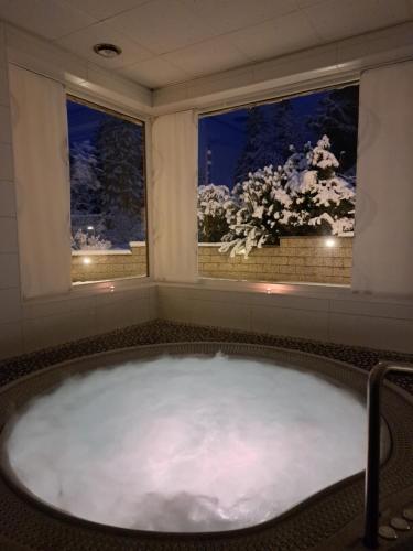 a bath tub with snow in a room with two windows at Penzion Tři pumpy in Tři Studně