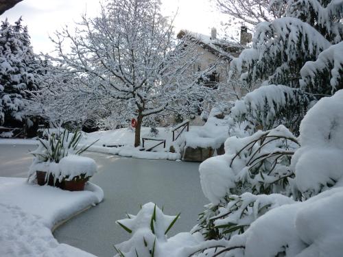 a garden covered in snow with trees and a pond at Agriturismo La Locanda Del Parco in Morano Calabro
