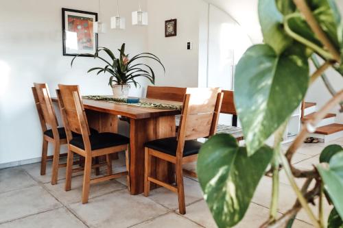 une table à manger avec des chaises et une plante en pot dans l'établissement Vulkanland Stoeckel - Feldbach, à Feldbach