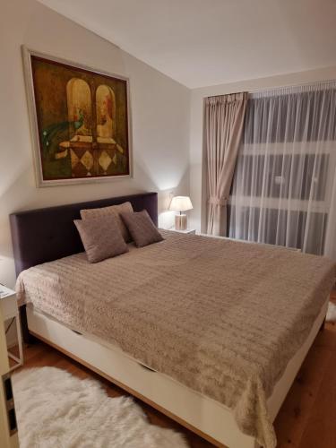 Un dormitorio con una cama grande y una ventana en Apartment Max en Loučná pod Klínovcem