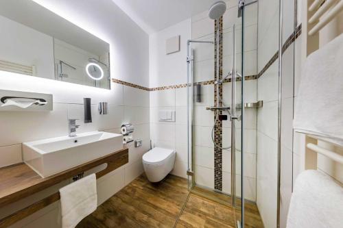uma casa de banho com um lavatório, um WC e um chuveiro em Land gut Hotel Hermann em Bentwisch