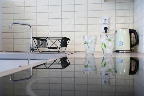 um balcão de cozinha com dois vasos de vidro com flores em Wild Sea Apartments em Áyios Nikítas