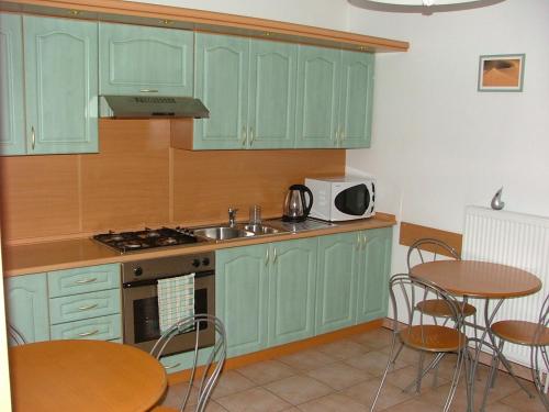 a kitchen with green cabinets and a table and chairs at Dom Gościnny Pod Brzozami in Poznań