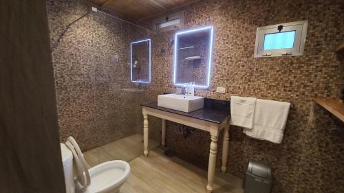 a bathroom with a sink and a mirror at Tropicana Beach & Resort in Elwa