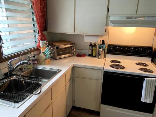 a kitchen with a sink and a stove top oven at THE HILO HOMEBASE - Charming 3 Bedroom Hilo Home, with AC! in Hilo