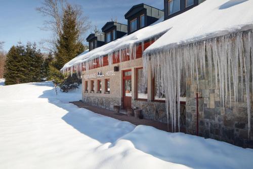 a building covered in snow with icicles on it at ProFamily Hotel TOP Benecko in Benecko