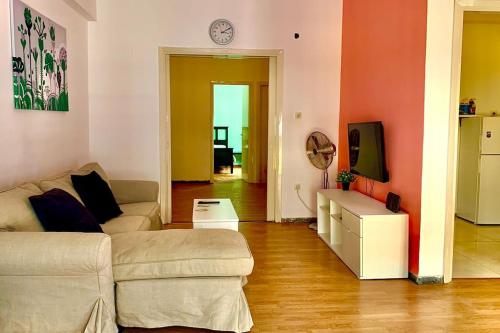 a living room with a couch and a tv at 2 bedroom apartment 300 meters metro Aghios loanis in Athens