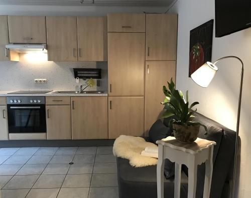 uma cozinha com armários de madeira e um vaso de plantas sobre uma mesa em Ferienappartement Greiff em Könen