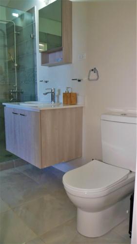 a bathroom with a white toilet and a sink at Lux Sea View Camelot Village Discovery Bay in Discovery Bay