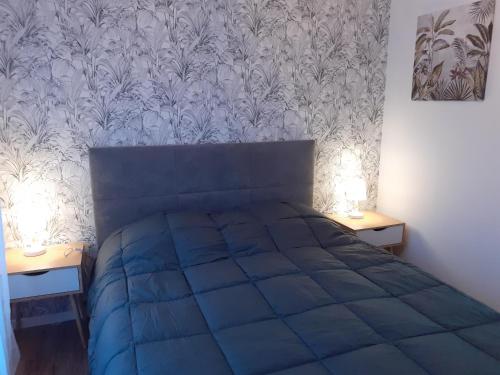 a bedroom with a blue bed with two lamps on tables at Lens Louvre 2 in Lens