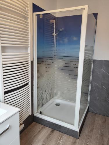 um chuveiro com uma porta de vidro na casa de banho em Urlaub im blauen Haus em Sehestedt