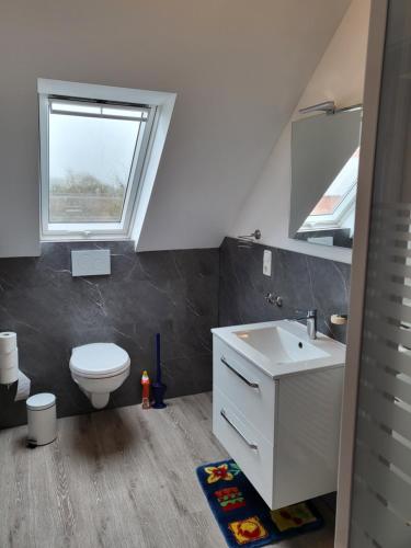 a bathroom with a toilet and a sink and a window at Urlaub im blauen Haus in Sehestedt