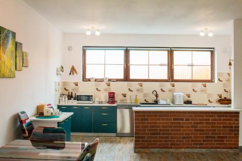 a kitchen with blue cabinets and a brick wall at Vila Sol in Prejmer