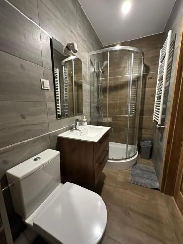 La salle de bains est pourvue de toilettes, d'un lavabo et d'une douche. dans l'établissement Pruszkowskie mieszkanko, à Pruszków