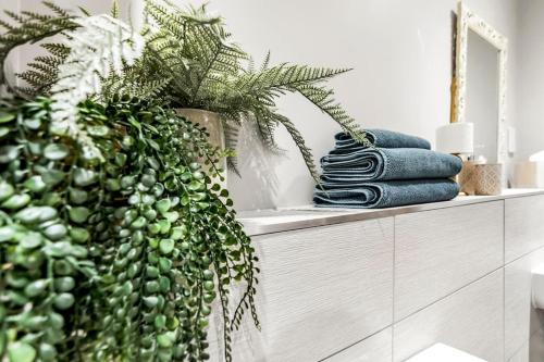 a bathroom with a plant and towels on a shelf at Central Castle House in Norwich