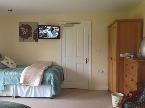 a bedroom with a bed and a tv on the wall at Ballyharvey B&B in Antrim