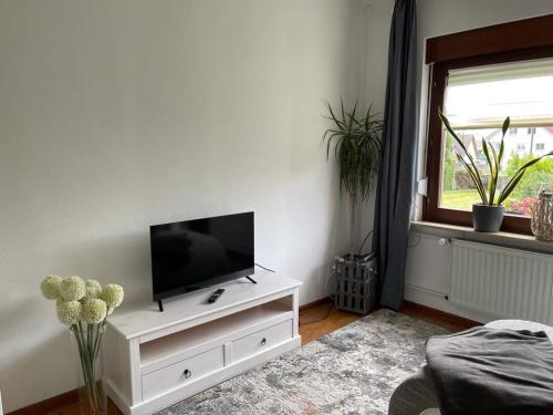 ein Wohnzimmer mit einem Flachbild-TV auf einem weißen Schrank in der Unterkunft Ferienhaus Cekic in Erlenbach am Main