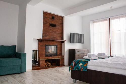 a bedroom with a fireplace and a bed and a chair at Vila Sol in Prejmer