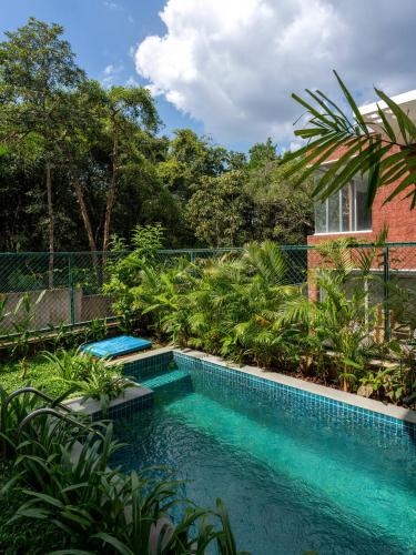 a swimming pool in the middle of a garden with trees at La Avila by The Blue Kite - 2 BHK Villas near Morjim Beach & Thalassa with Private Pool, Kitchen, Balcony & Security in Siolim