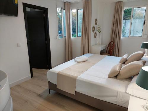 a bedroom with a large bed with pillows on it at Hostal GARDEN ROUS in Paiporta
