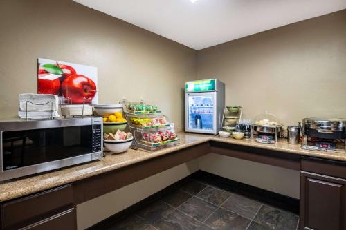 a kitchen counter with a microwave and a refrigerator at Quality Inn & Suites Steamboat Springs in Steamboat Springs