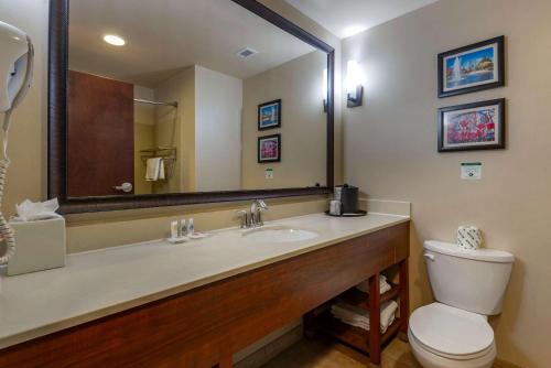 a bathroom with a sink and a toilet and a mirror at Comfort Suites Lake Norman - Huntersville in Huntersville