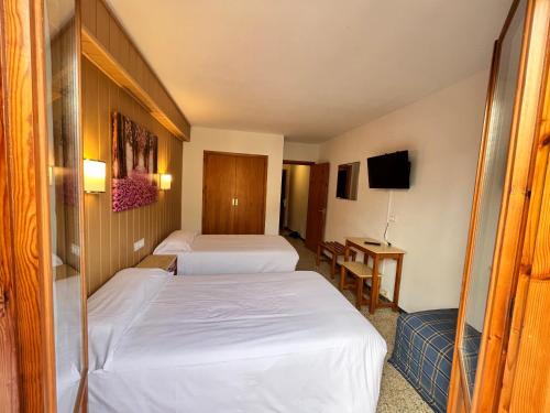 a hotel room with two beds and a television at Meson de Castiello in Castiello de Jaca