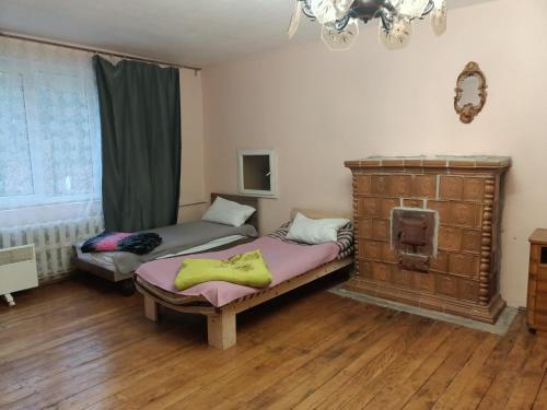 ウージュホロドにあるKrone Hostelのベッド2台と暖炉付きの部屋