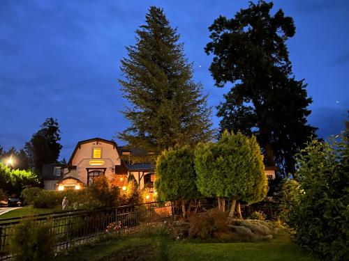 a house with a tree in the yard at night at Penzión Talisman in Rajecké Teplice