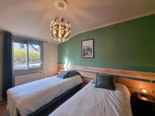 two beds in a room with green walls and a chandelier at Appartement Saint-Chamond, 3 pièces, 4 personnes - FR-1-496-272 in Saint-Chamond