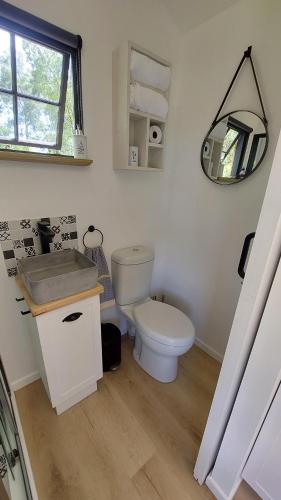 a bathroom with a toilet and a mirror on the wall at Luxury Shepherds Hut Retreat in Plettenberg Bay